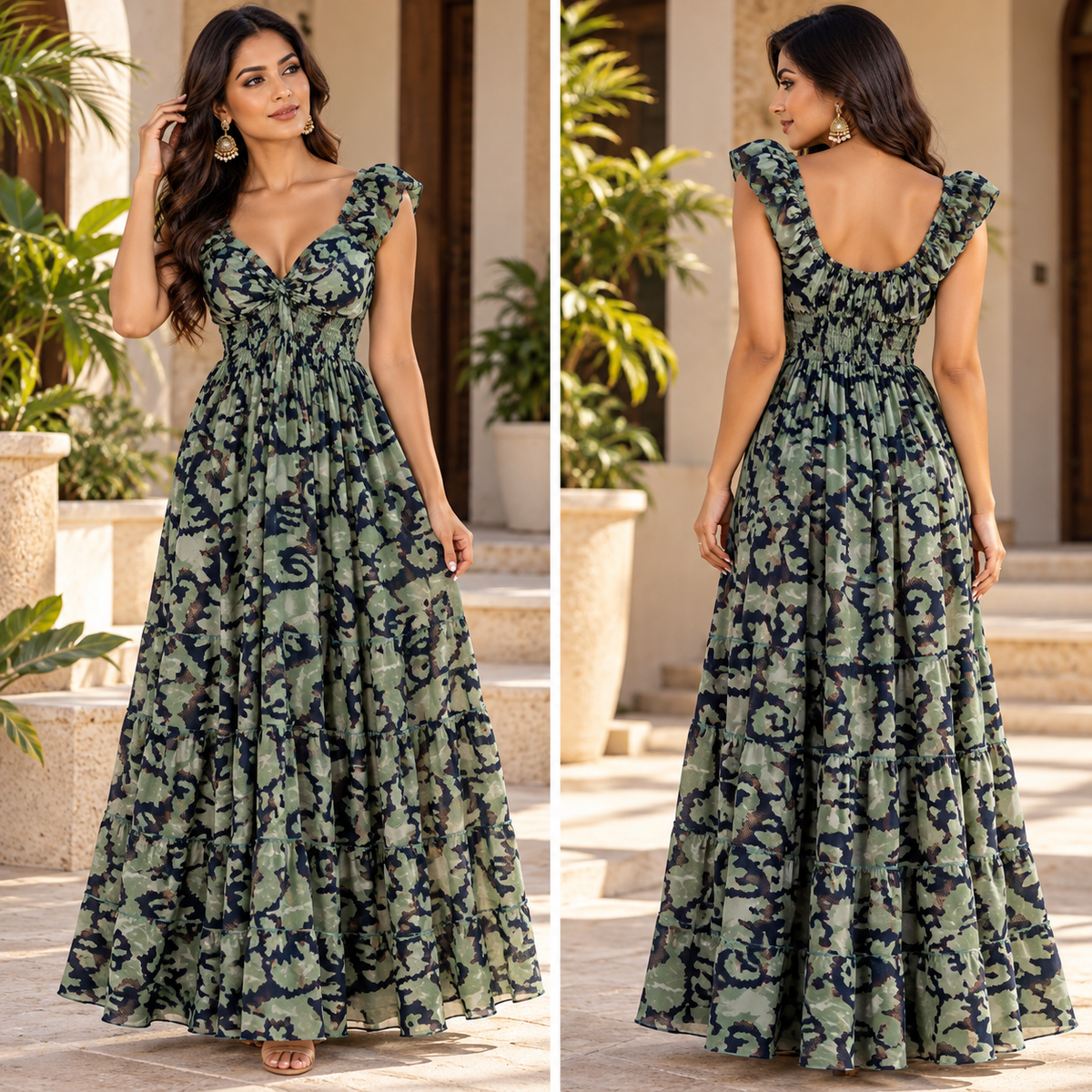 Olive Green & Black Camo Print Maxi Dress