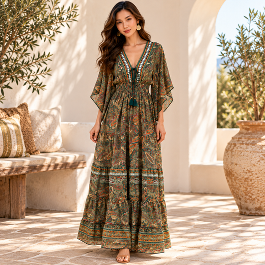 Emerald Green and Gold Paisley Silk Boho Maxi Dress – Embellished V-Neck