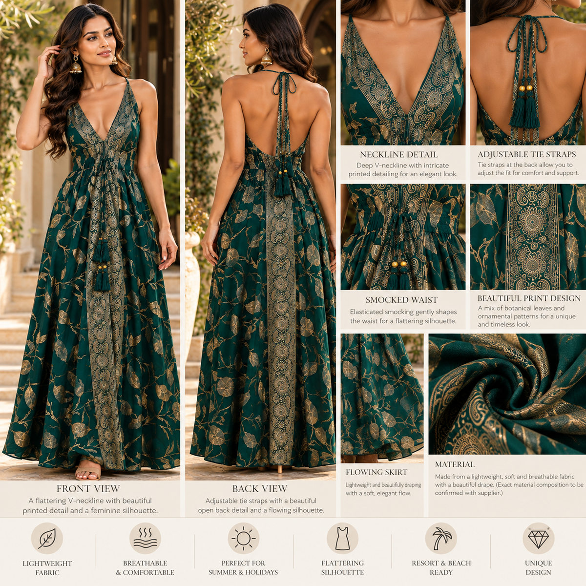 Emerald Green & Gold Botanical Boho Maxi Dress