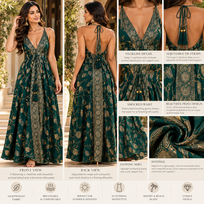 Emerald Green & Gold Botanical Boho Maxi Dress