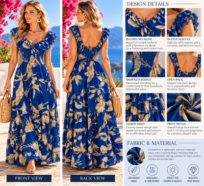 Royal Blue & Cream Floral Maxi Dress