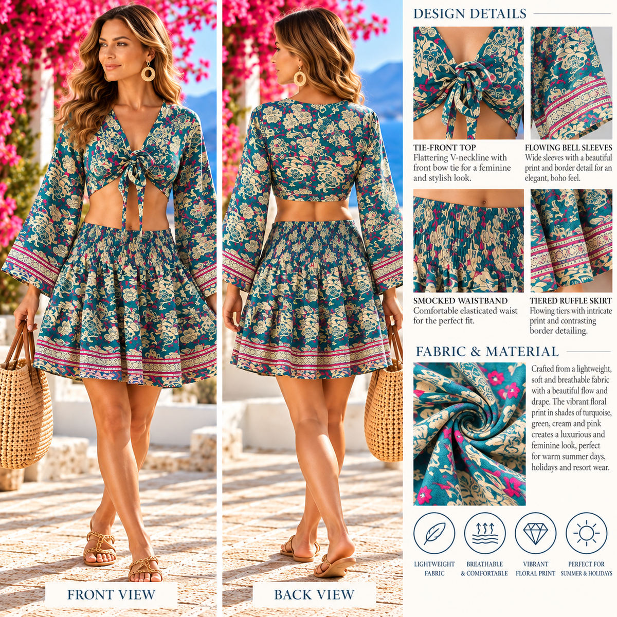 Teal Floral Paisley Two-Piece Boho Outfit