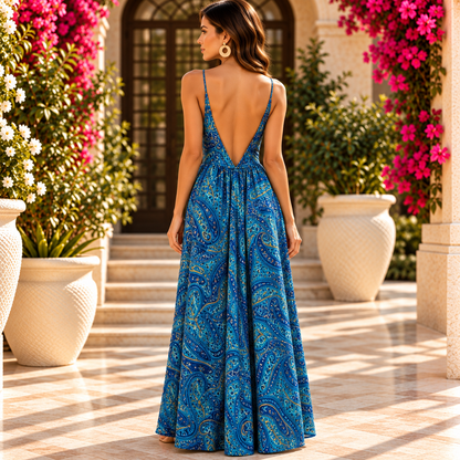 Blue Paisley Maxi Dress with Tassel Tie Detail