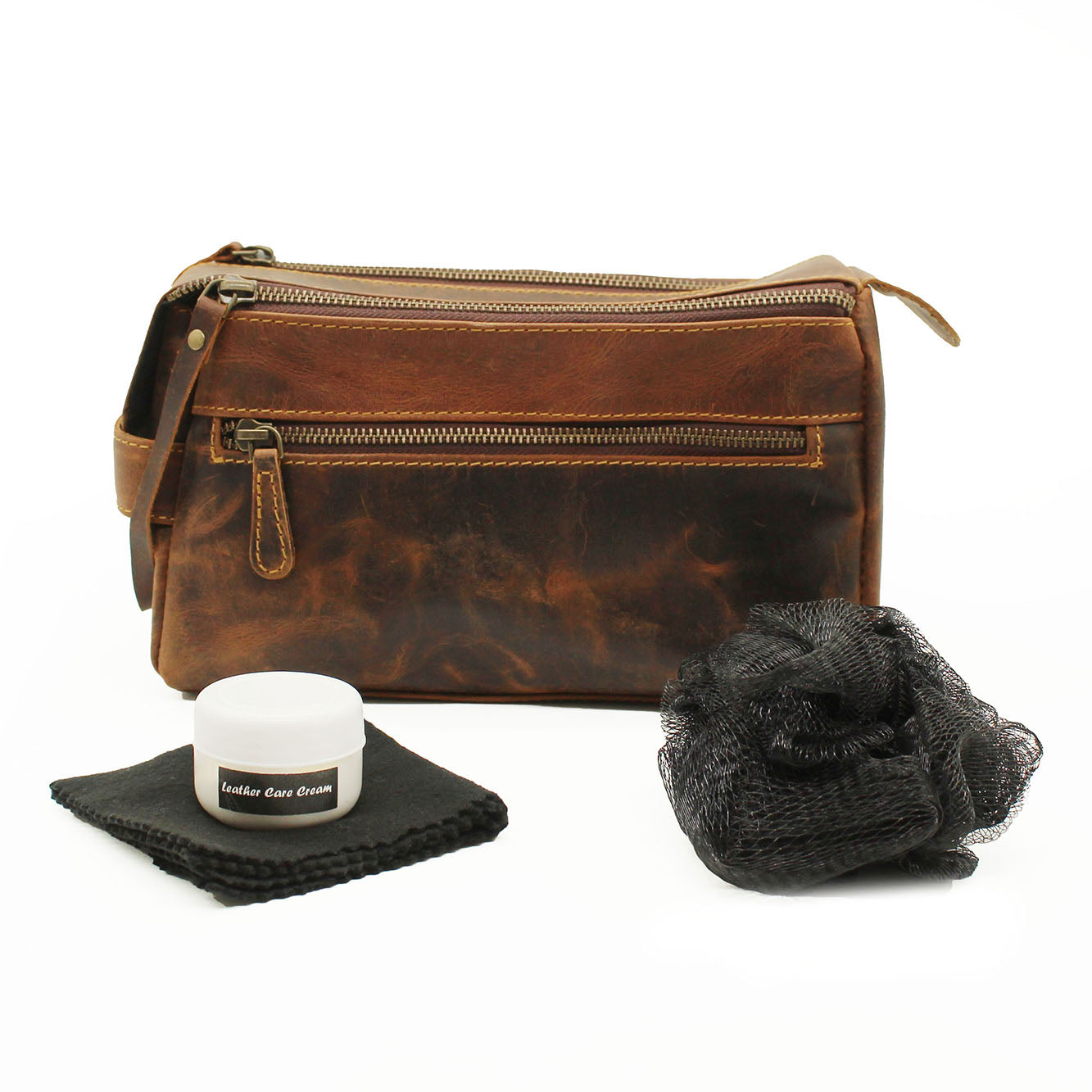 Gift Set Toiletry Bag Buffalo Leather with Leather Care Cream