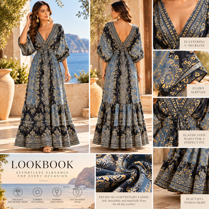Black and Dusty Blue Paisley Maxi Dress