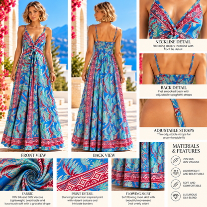 Blue and Pink Tropical Silk Maxi Dress – Boho Summer Resort Wear