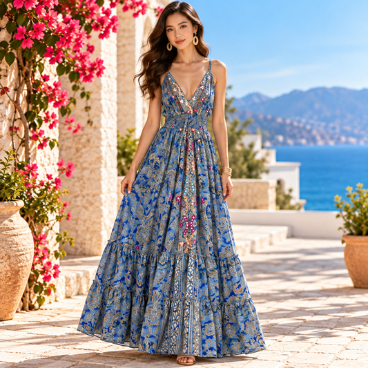 Blue and Gold Embellished Paisley Silk Maxi Dress – Bohemian Resort Wear