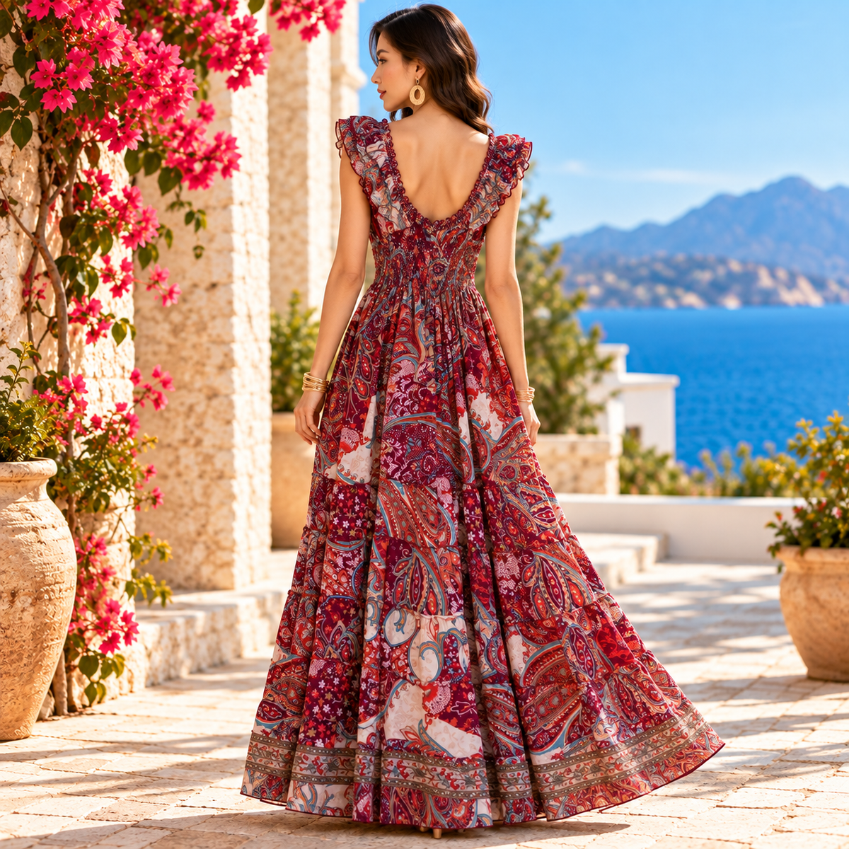 Burgundy and Red Paisley Silk Boho Maxi Dress – Ruffle Sleeves and Smocked Waist
