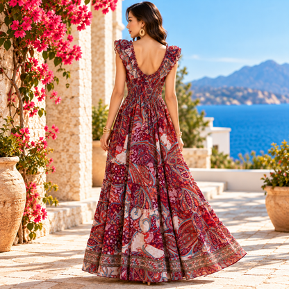 Burgundy and Red Paisley Silk Boho Maxi Dress – Ruffle Sleeves and Smocked Waist