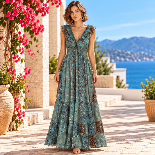 Turquoise and Brown Silk Boho Maxi Dress – Ruffle Sleeves and Smocked Waist