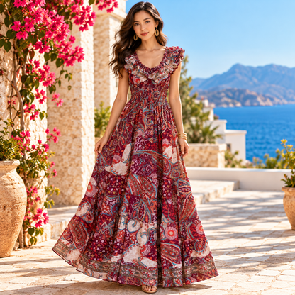 Burgundy and Red Paisley Silk Boho Maxi Dress – Ruffle Sleeves and Smocked Waist