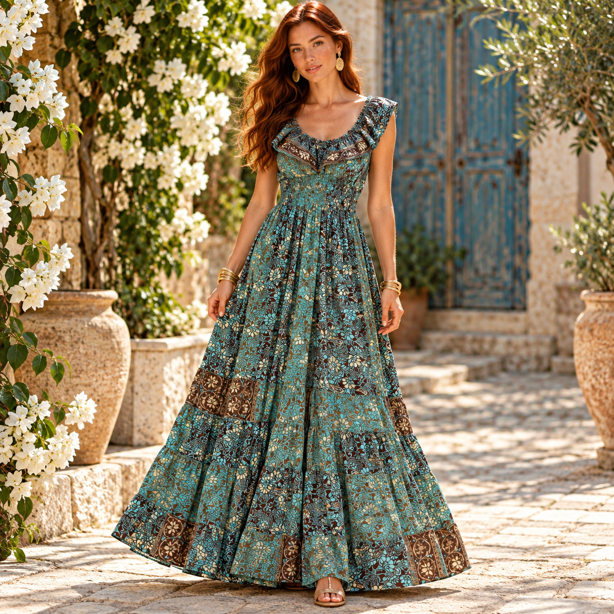 Turquoise and Chocolate Brown Floral Silk Maxi Dress – Elegant Boho Resort Wear