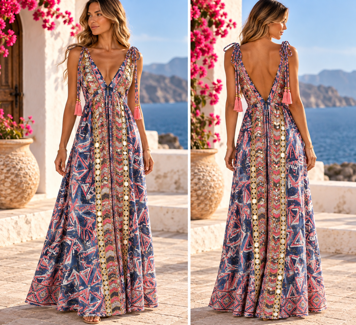 Blue And Pink Bohemian Maxi Dress with Tassel Shoulder Ties