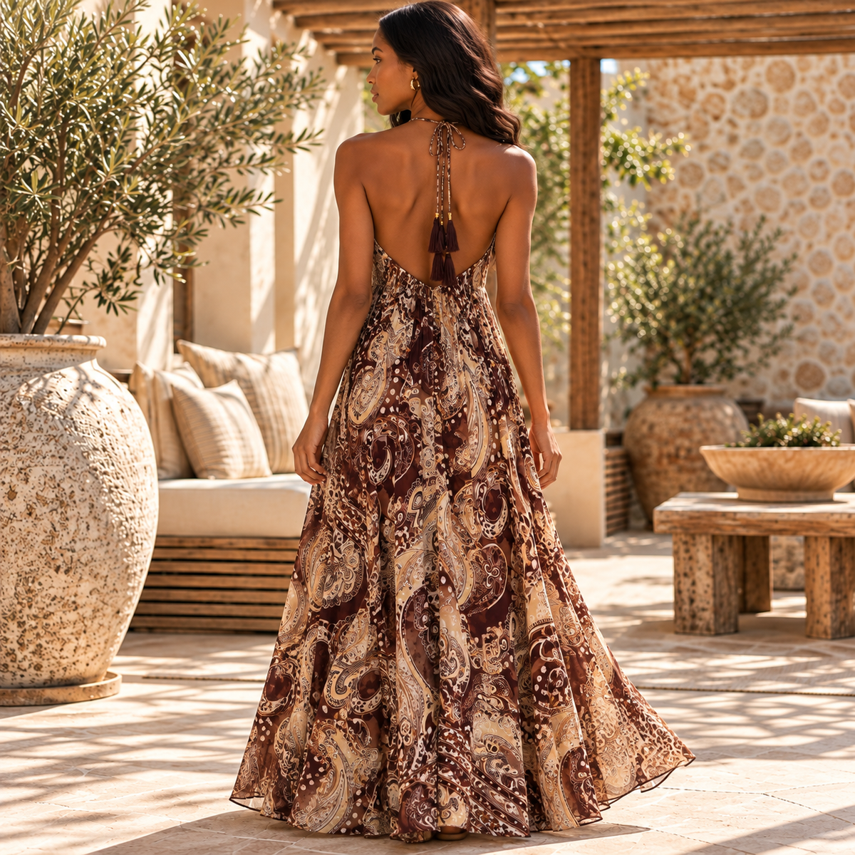 Chocolate Brown and Beige Silk Paisley Maxi Dress – Elegant Backless Boho Resort Wear