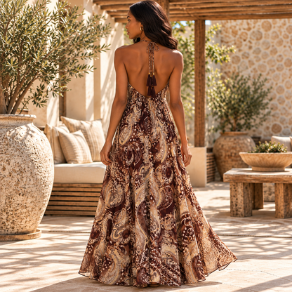 Chocolate Brown and Beige Silk Paisley Maxi Dress – Elegant Backless Boho Resort Wear