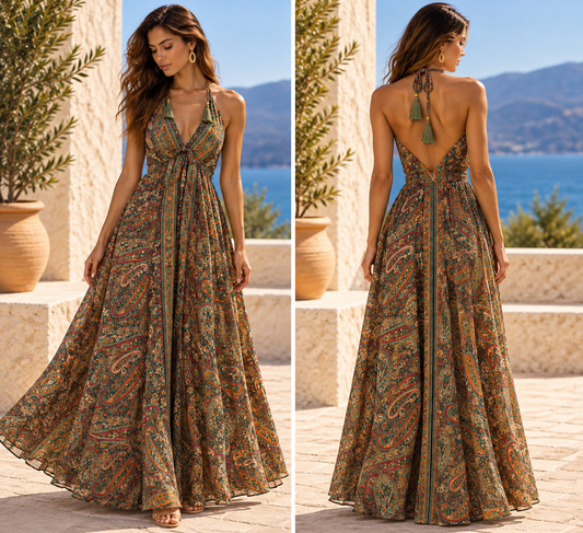 Turquoise Paisley Maxi Dress with Tassel Shoulder Ties