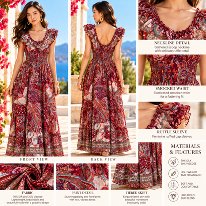 Burgundy and Red Paisley Silk Boho Maxi Dress – Ruffle Sleeves and Smocked Waist