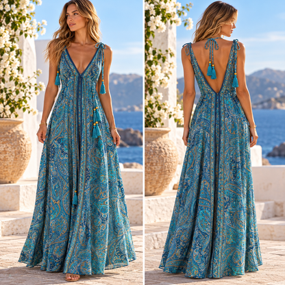 Teal Paisley Maxi Dress with Tassel Ties