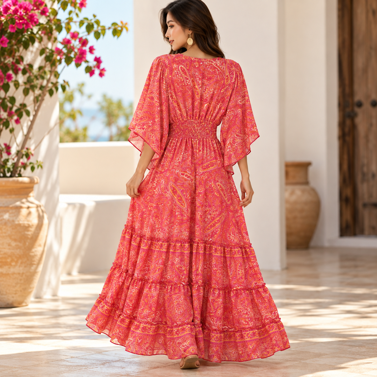 Coral Pink and Gold Paisley Silk Boho Maxi Dress – Flutter Sleeves