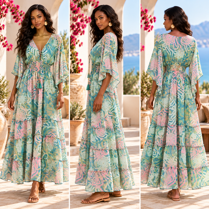 Turquoise and Blush Pink Floral Silk Boho Maxi Dress – Flutter Sleeves