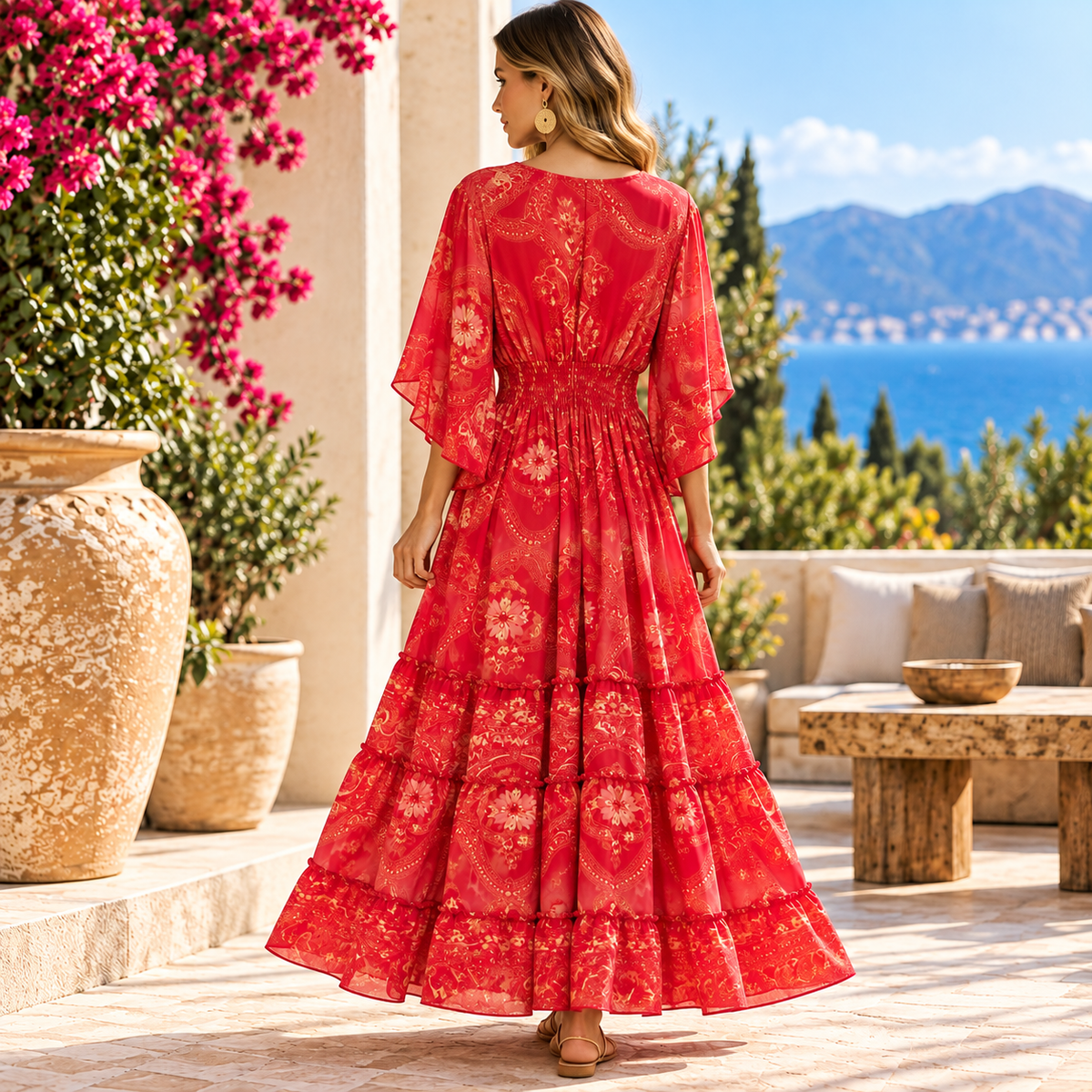 Red and Gold Paisley Silk Boho Maxi Dress – Flutter Sleeves