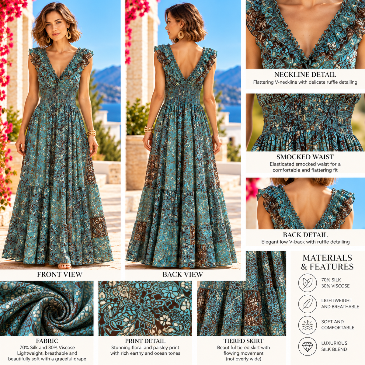 Turquoise and Brown Silk Boho Maxi Dress – Ruffle Sleeves and Smocked Waist