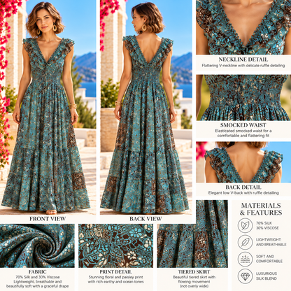 Turquoise and Brown Silk Boho Maxi Dress – Ruffle Sleeves and Smocked Waist