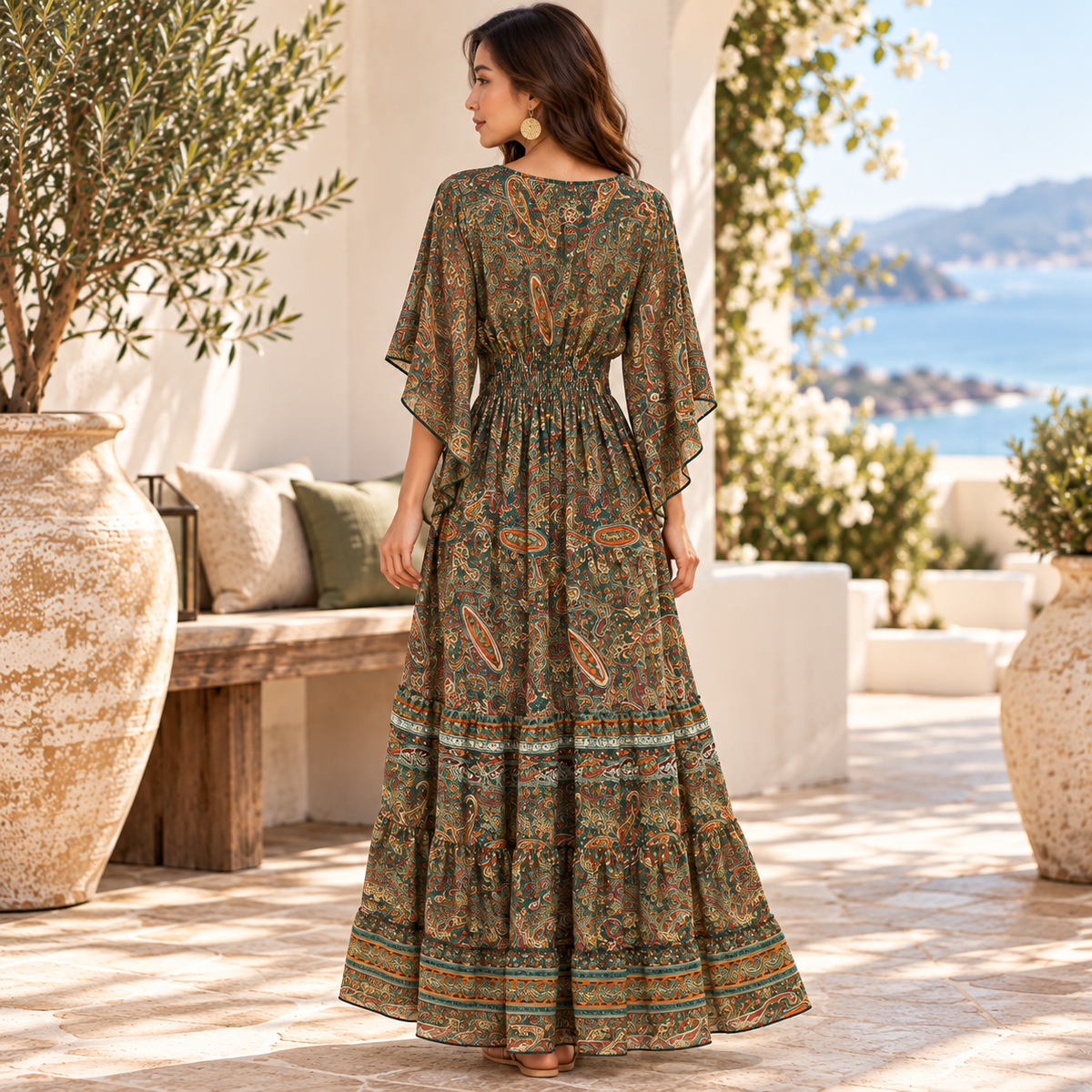 Emerald Green and Gold Paisley Silk Boho Maxi Dress – Embellished V-Neck