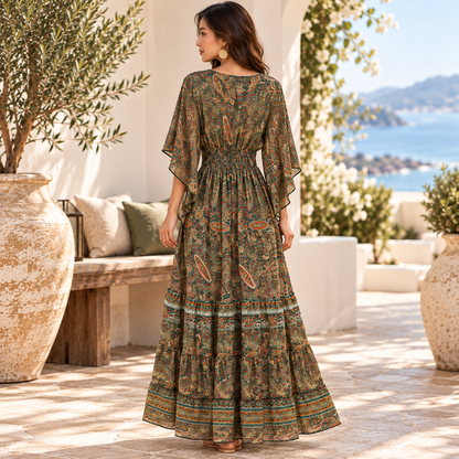 Emerald Green and Gold Paisley Silk Boho Maxi Dress – Embellished V-Neck
