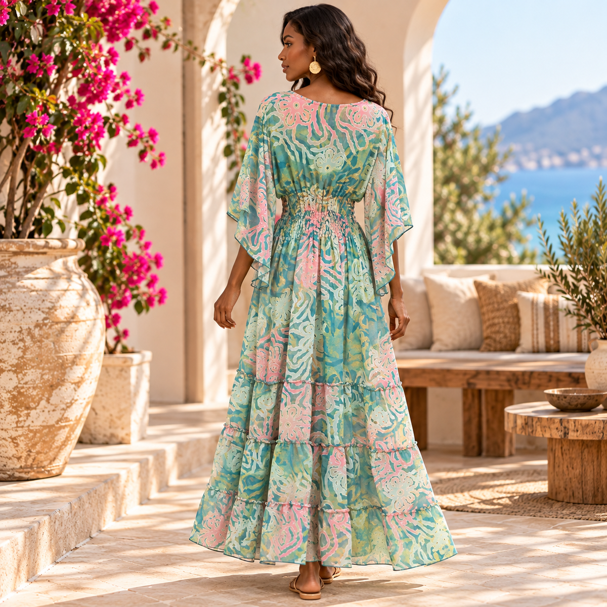 Turquoise and Blush Pink Floral Silk Boho Maxi Dress – Flutter Sleeves