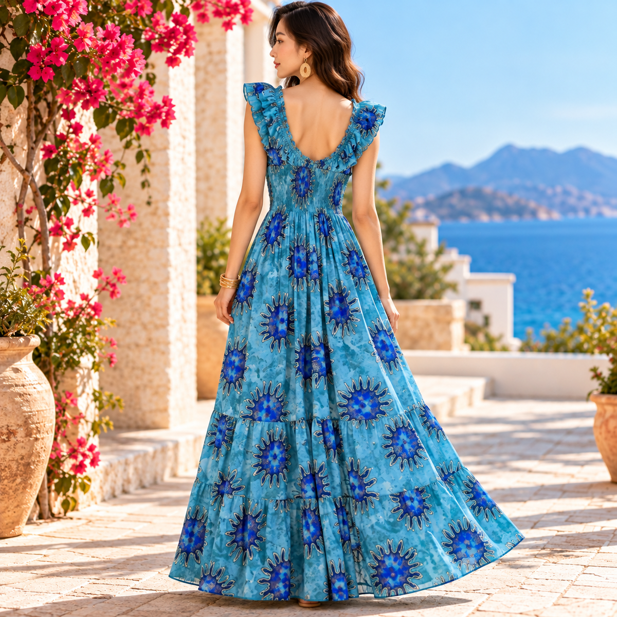 Turquoise and Royal Blue Sunburst Silk Maxi Dress – Boho Resort Wear