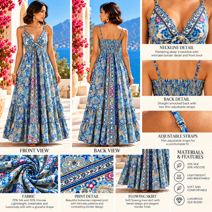 Blue and Gold Embellished Paisley Silk Maxi Dress – Bohemian Resort Wear
