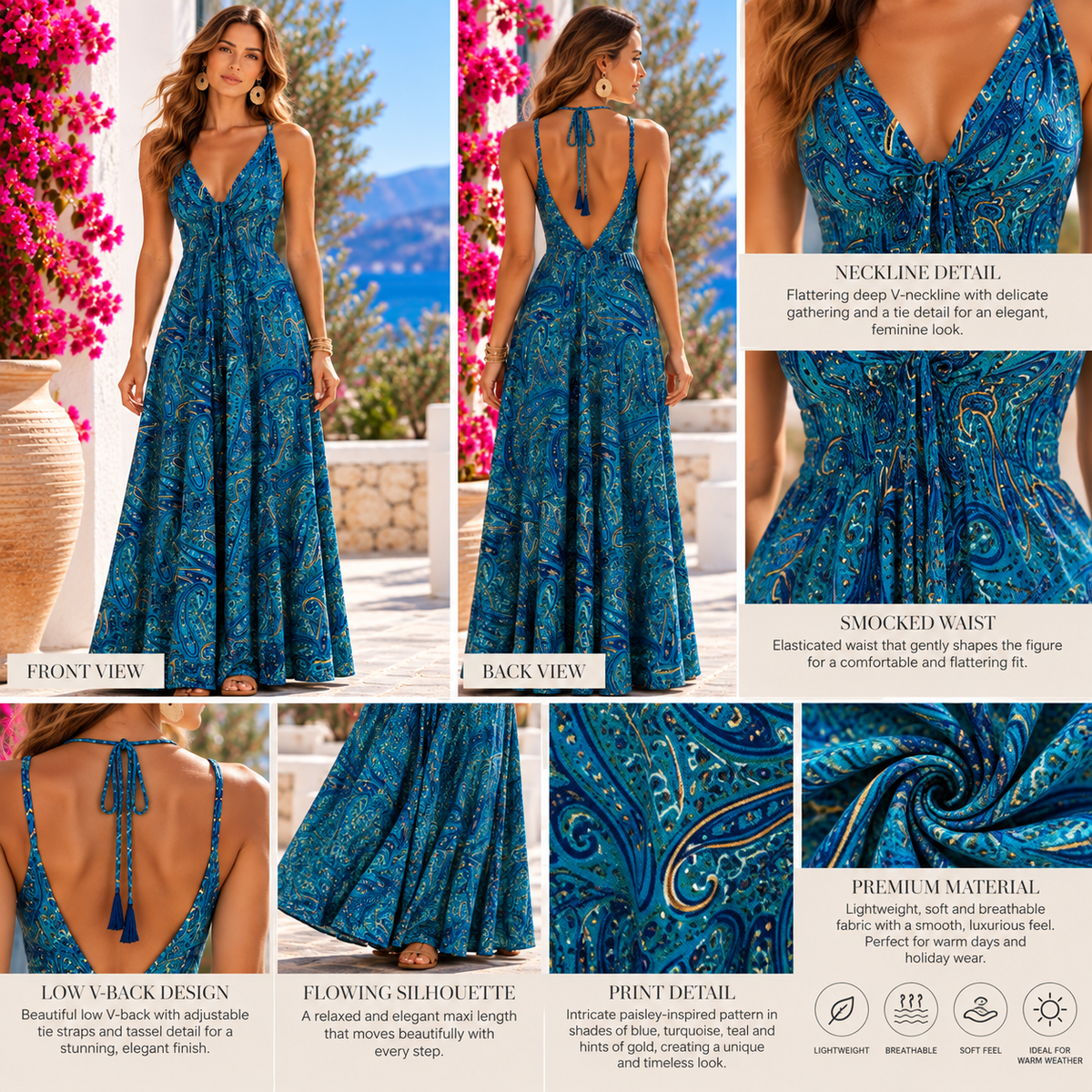Blue & Teal Paisley Magic Dress with Low V-Back