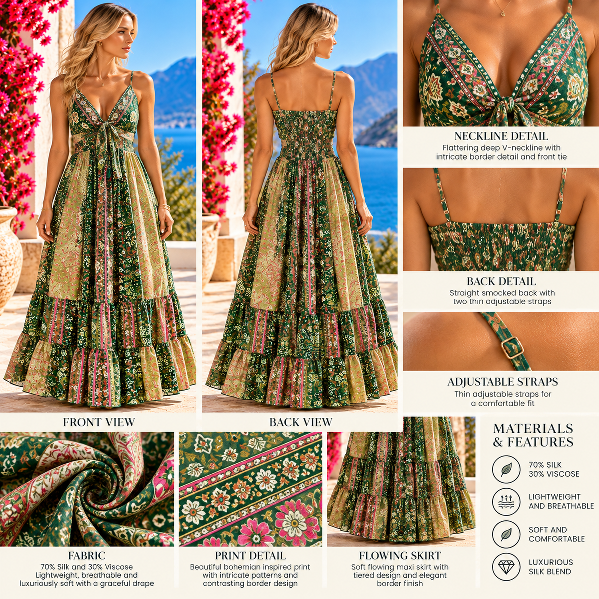 Emerald Green Silk Boho Maxi Dress – Embellished V-Neck and Smocked Waist