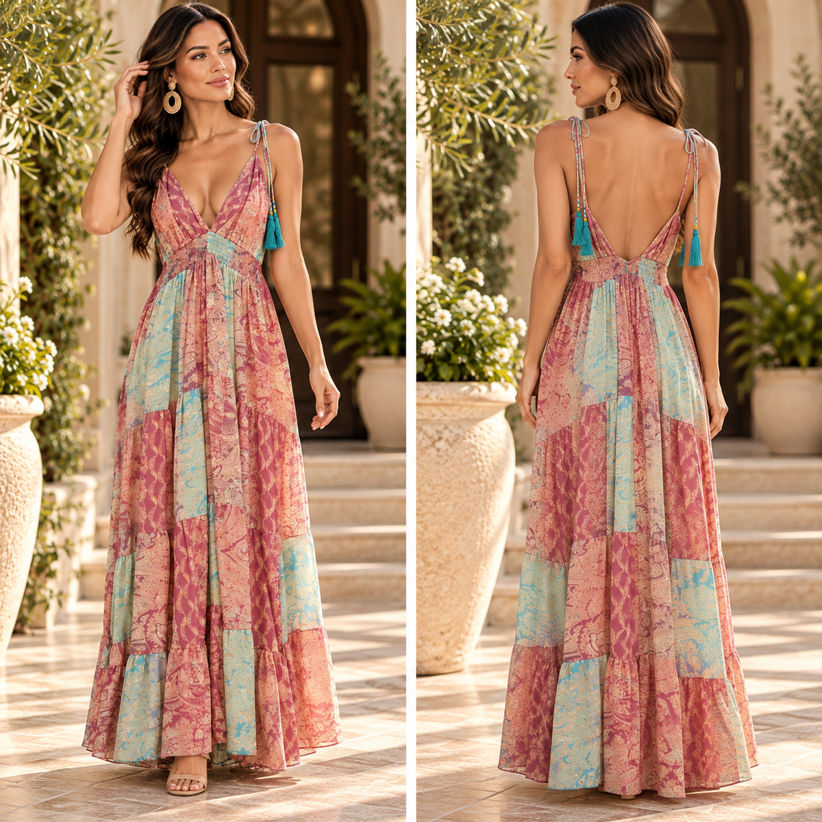 Rose Pink & Turquoise Paisley Patchwork Maxi Dress