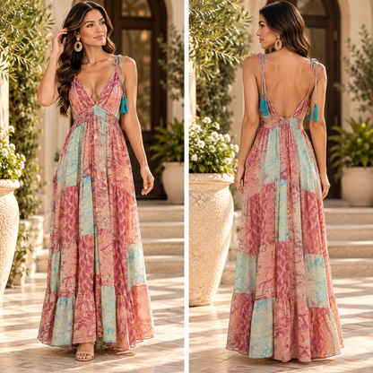 Rose Pink & Turquoise Paisley Patchwork Maxi Dress