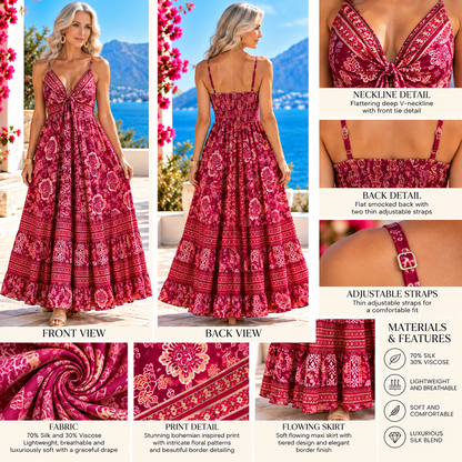 Burgundy and Pink Silk Boho Maxi Dress – Embellished V-Neck and Smocked Waist