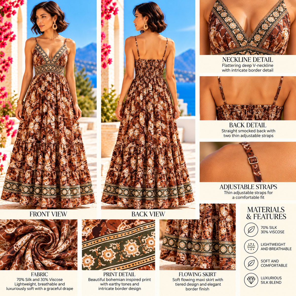 Brown and Cream Silk Boho Maxi Dress – Deep V-Neck and Smocked Waist