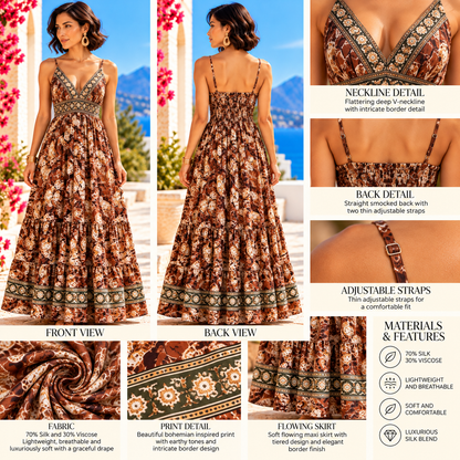 Brown and Cream Silk Boho Maxi Dress – Deep V-Neck and Smocked Waist
