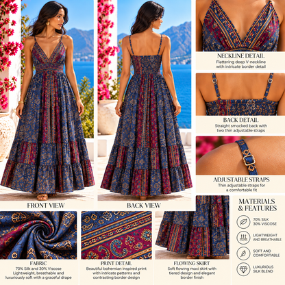 Navy Blue and Burgundy Silk Boho Maxi Dress – Deep V-Neck and Smocked Waist