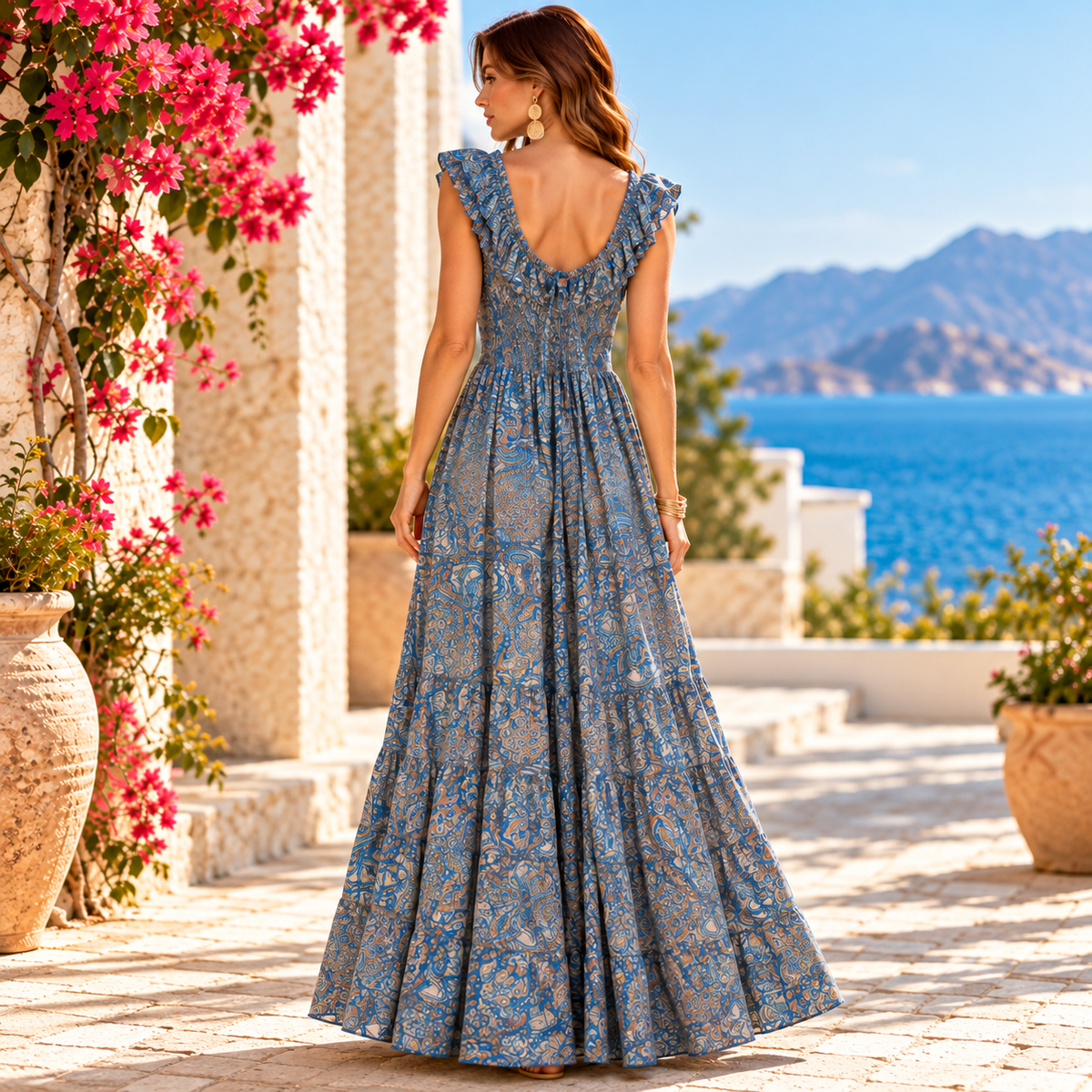 Blue and Taupe Paisley Silk Maxi Dress – Elegant Boho Resort Wear