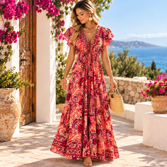 Crimson Paisley Boho Maxi Dress