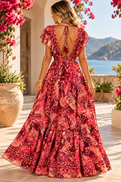Red and Pink Paisley Magic Maxi Dress