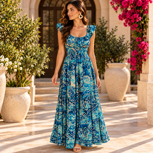 Blue & Teal Paisley Tiered Magic Dress
