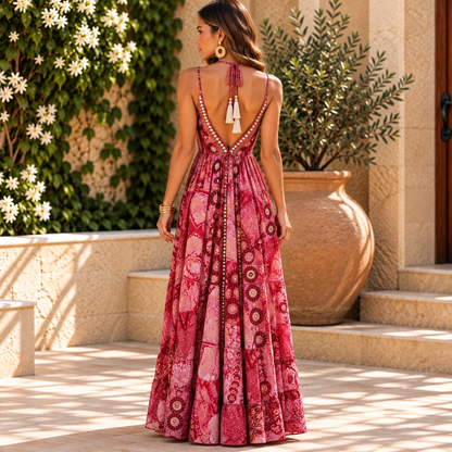 Red & Pink Embellished Paisley Maxi Dress