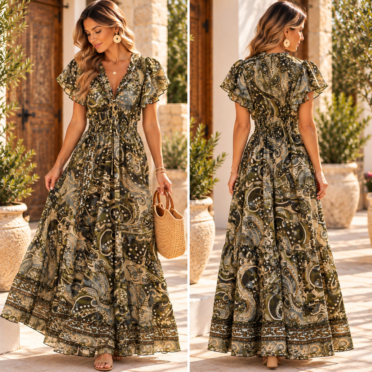 Olive Paisley Boho Maxi Dress