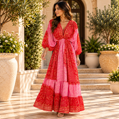 Red & Pink Paisley Maxi Dress