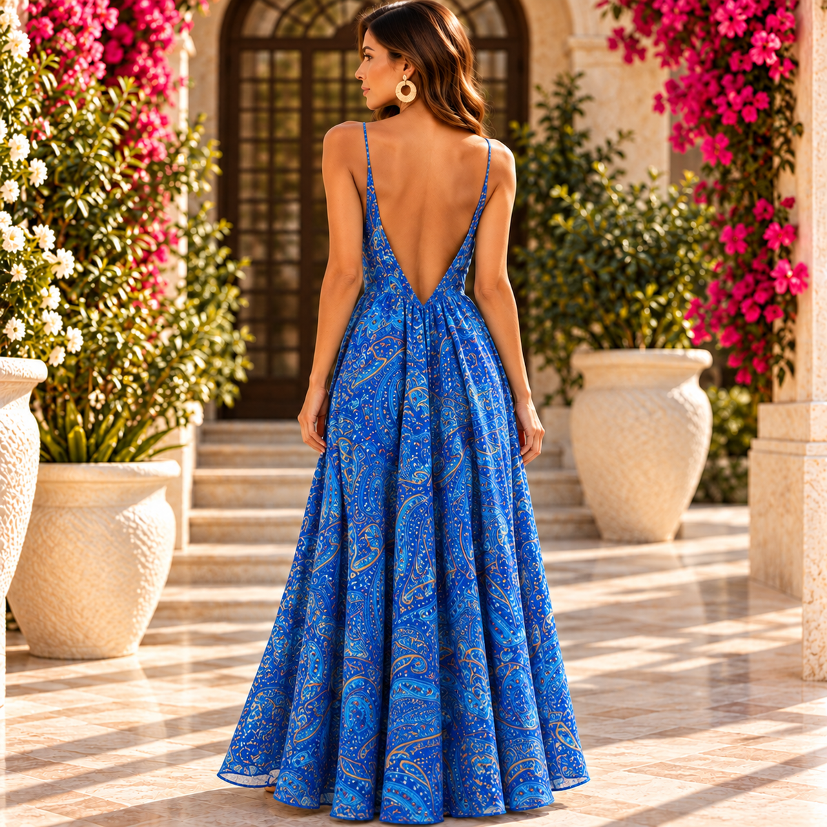 Royal Blue Paisley Maxi Dress with Low V-Back