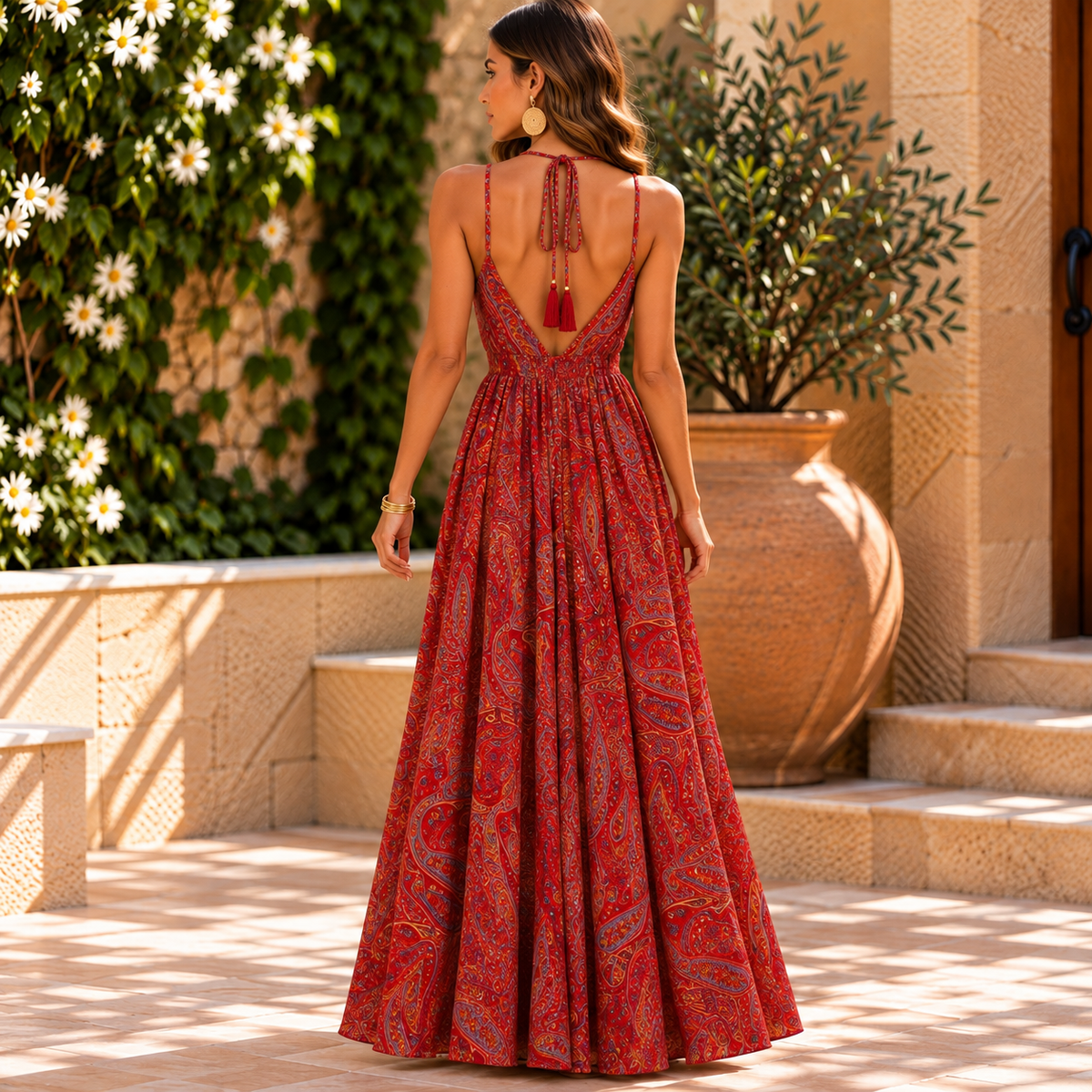 Red Paisley Maxi Dress with Tassel Tie Detail