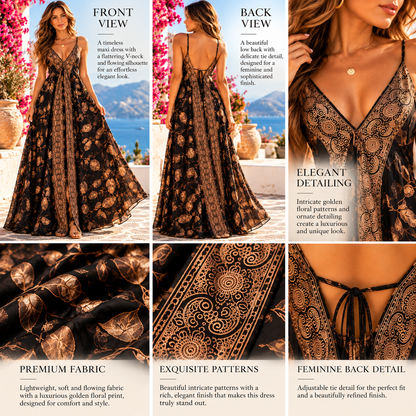 Black and Gold Floral Boho Maxi Dress